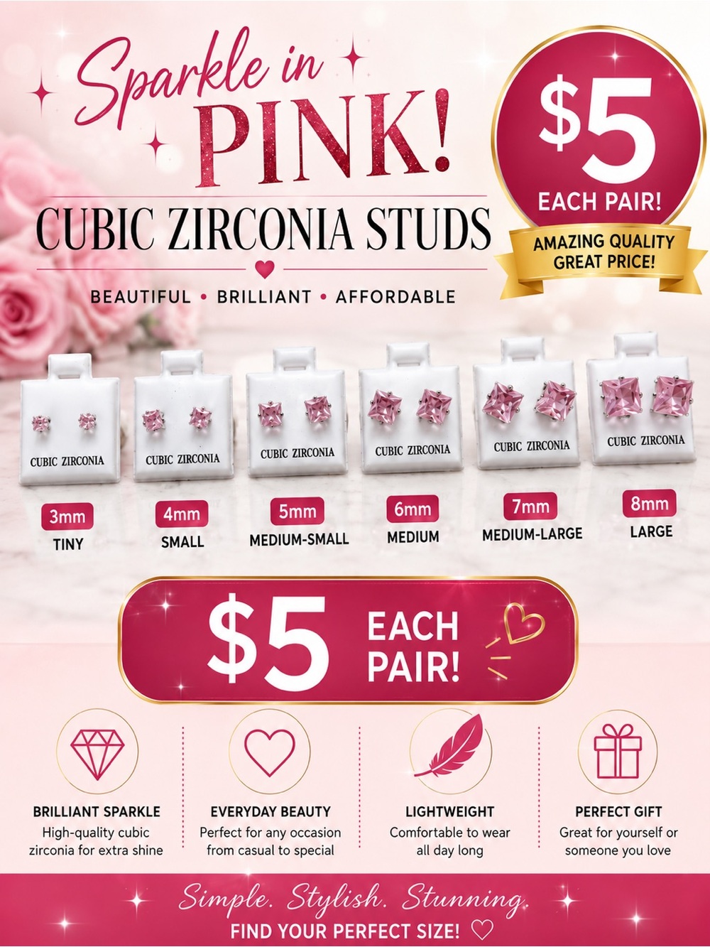 🩷. Sparkle in Pink Cubic Zirconia Stud Earrings - Pink